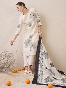 Women's Straight Woven <b>Linen</b> Floral Embroidered Knee Length Kurta & Pant with Dupatta 3-<b>Piece</b> Set - Product Image 3