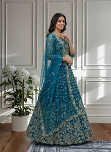 Blue Embroidered A-Line Floor-Length <b>Lehenga</b> Choli Wedding Engagement Outfit Floral Beaded Modern Dress Set for Women Party - Product Image 1