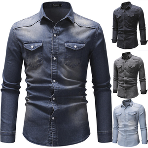 Chemise polo en denim à manches longues pour homme, décontractée, respirante, col montant, design simple - Product Image 1