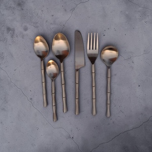 Modern Metal Cutlery Set <b>Mirror</b> Finish Bamboo Handle Dishwasher Safe Spoons Fork Knife Dinnerware - Product Image 2
