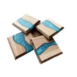Set Of 4 Latest Square Wood And <b>Blue</b> Swirling Resin Drink Coasters Handmade Wood Resin River Coasters For Home And <b>Table</b> Use - Product Image 1
