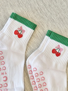 Comfortable Standard Thickness Women's Yoga Socks Custom Logo Cherry Bows Embroidery Pilates Grip Anti <b>Slip</b> Socks Studios - Product Image 2