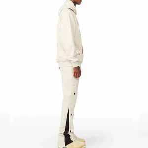 Survêtement d'hiver pour homme, coupe classique, 100 % coton, 340 grammes, avec logo imprimé à rayures, pantalon empilé, personnalisable, vente chaude - Product Image 3