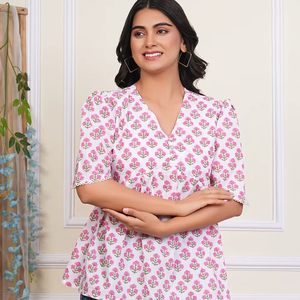 เสื้อท่อนบนผ้าฝ้ายสีขาวสุดชิคสำหรับเด็กเสื้อเบลาส์พิมพ์ลายดอกไม้สีชมพูสำหรับใส่ไปงานปาร์ตี้แบบลำลองสไตล์ peplum เป็นมิตรต่อสิ่งแวดล้อม - Product Image 1