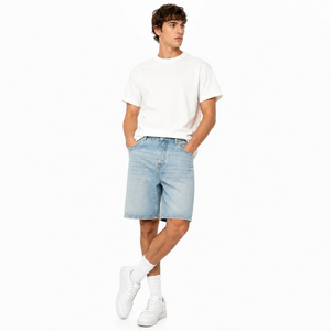 Shorts en jean bleu clair pour hommes, coupe ample, style streetwear, avec logo personnalisé, vente en gros, coupe décontractée, longueur genou, coton vintage, été - Product Image 1
