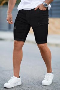 Shorts en jean noir déchiré pour homme, taille mi-haute, style décontracté d'été, coupe droite, en coton - Product Image 6