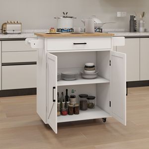 Carrello da Cucina Regolabile Bianco con Ruote, Porta Spezie, Portasciugamani e Piano in Legno di Gomma per Organizzazione - Product Image 6