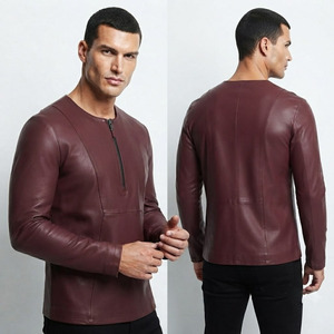 Camiseta de Cuero Genuino Premium para Hombre, Cuello Redondo con Media Cremallera, Manga Larga, Estilo Formal, Ajustada, de Cuero Vacuno Suave - Product Image 3