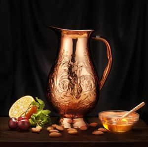 Carafe à eau artisanale en cuivre martelé avec couvercle, pichet à boisson haut avec poignée pour l'hydratation à table et le service en cuisine - Product Image 4