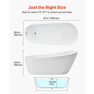Vasca da Bagno Freestanding Contemporanea in Acrilico Bianco da 67 Pollici, Forma Ovale Elegante, Scarico con Troppopieno in Nichel Spazzolato, per 2 Persone - Product Image 2
