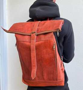 Genuine Leather <b>Roll</b> Top Rucksack With Trolley Sleeve Laptop Bag For Business Travel Wholesale LTBP-0283 - Product Image 3