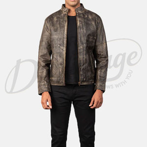 Veste en cuir véritable marron vieilli vintage pour homme, col montant classique, coupe ajustée, style streetwear décontracté - Product Image 6