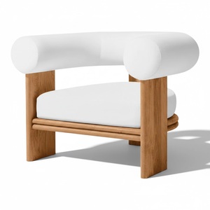 Fauteuil de salon moderne de luxe en teck massif, fauteuil lounge rembourré en tissu blanc, design avec dossier incurvé, pour hôtel, villa - Product Image 2