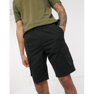 Shorts cargo noirs pour hommes, taille mi-haute élastique, couleur unie, en coton, décontractés, style respirant avec poches - Product Image 1