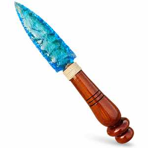 Couteau à pointe de flèche en verre bleu aqua de 10 pouces avec manche en bois, pointe de lance artisanale en obsidienne, objet de collection artistique - Product Image 4