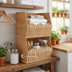 Modern Rectangle Stackable Rattan Woven <b>Storage</b> Baskets Luxury Wicker Modular Organizer <b>Bin</b> Scalloped Front Open Rim <b>Storage</b> - Product Image 4