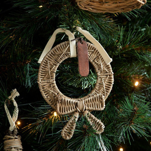 Natural Woven Rattan <b>Christmas</b> Wreath Ornament Featuring Fabric Bow Strap And Leather Tag For Holiday <b>Tree</b> Hanging Display - Product Image 3