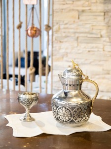 Oriental Style Metal Water <b>Jug</b> With Floral Engraving And Gold Handle For <b>Drinks</b> - Product Image 3