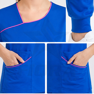 Ensemble de blouses médicales pour femmes, col asymétrique, passepoil contrastant, deux poches, pantalon à taille élastique, uniforme d'infirmière, tenue de travail, vente en gros - Product Image 5