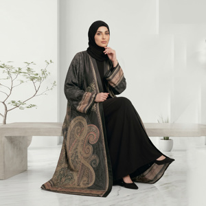 Black Solid <b>Shawl</b> Collar Plus Size Breathable Abaya Long Sleeves Floor Length Modest Dress Women Middle East Style Daily Wear - Product Image 1