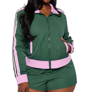 High Quality Neon Pink Color Block Cropped Jacket <b>Shorts</b> 2-Piece Windbreaker Set Women Summer Canvas Digital Vintage Style - Product Image 2