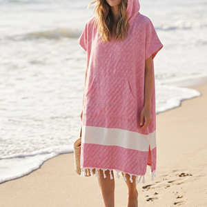 Poncho de surf en coton surdimensionné à capuche, serviette de plage Fouta à séchage rapide, robe de change respirante, caftan Hammam avec poches avant - Product Image 6