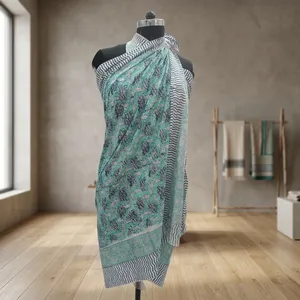 Aqua Blue Hand Block Printed Cotton <b>Sarong</b> Scarf Floral Wrap with Striped Border Lightweight Beach Cover Up Stole - Product Image 6