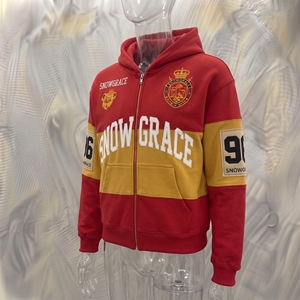 Sweat-shirt à capuche zippé pour homme Snowgrace, coupe ample, color block, streetwear, rouge jaune, coton French Terry, vêtements d'automne - Product Image 3