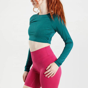 Women Long Sleeve Crop <b>Top</b> Crew Neck Solid Color Yoga <b>Top</b> Full Sleeve Seamless Stretchy Activewear Front Logo Custom Color - Product Image 3