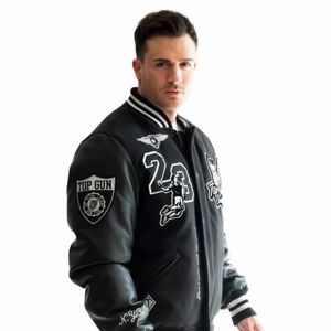 Chaqueta Varsity de Invierno para Hombre, Negra, con Mangas de Cuero PU, Diseño de Parches Bordados, Cierre de Botones Cubiertos, Estilo Casual, Cuello Camisero - Product Image 2