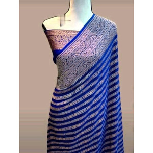 SAREE DE SEDA SUAVE DE DISEÑADOR CON BLUSA DESCOSADA AZUL - Product Image 1