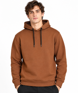 Men's Regular Fit Pullover <b>Hoodie</b> With Contrast Drawstring Hood Plain Pocketless Front Ribbed Cuffs And Bottom Waistband - Product Image 4