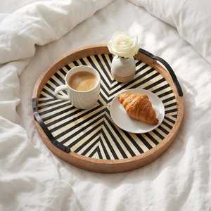 Handmade Circular Bone Inlay Black & White <b>Tray</b> - Black Bone Inlay <b>Round</b> <b>Tray</b> | Handmade Floral Serving <b>Tray</b> For Home Decor - Product Image 4