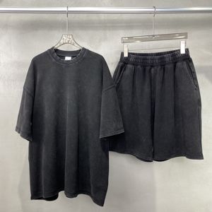 Nouvel ensemble d'été en ligne : T-shirt oversize en coton 400g teint à la cire, effet vintage délavé, col rond, manches courtes et short pour homme, unisexe - Product Image 6