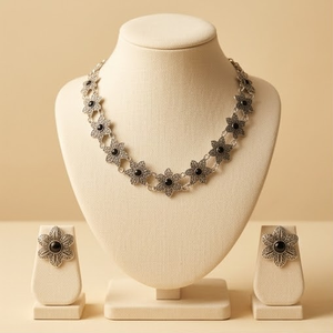 DIVYORO Women's Classic OXIDIZED <b>SILVER</b> BLACK FLORAL Adjustable Length <b>CHOKER</b> SET - Product Image 1