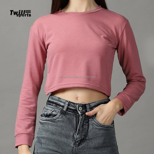 Top Corto de Moda para Mujer, 100% Algodón, Tejido de Punto Liso, Mangas Largas, Corte Ajustado, Cuello Redondo, con Logotipo Personalizado, Ecológico - Product Image 2