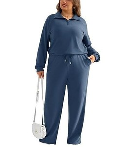Custom Women's Navy Blue Knitted Tracksuit Set Full Sleeve Loose Fit Casual Wear Solid Color Two Piece Pants and <b>Top</b> Outfit OEM - Product Image 2