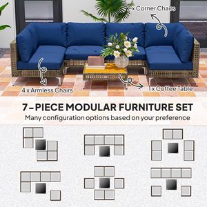 Set di Mobili da Giardino in Vimini a 7 Pezzi, Divano Modulare da Esterno con Cuscini in PE Rinforzati, Tavolo in Legno di Acacia Marrone/Blu per Ospedali - Product Image 4