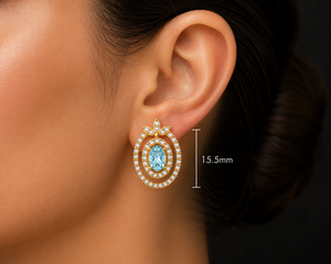 Blue Topaz CZ <b>Stud</b> - 925 Sterling <b>Silver</b> Gold Plated Handmade Gemstone Oval Gemstone Halo Earrings - Product Image 1