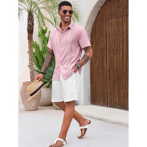 Camisas Guayaberas Cubanas para Hombre 2025, Rayadas, Casuales, de Verano, para Playa o Boda, Bordadas, de Lino, Manga Corta, Cuello con Botones, Talla XL - Product Image 2