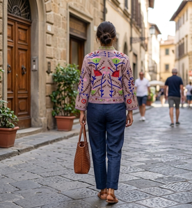 Chaqueta Corta de Invierno para Mujer, con Cuello Mao, Manga Larga, Tejido de Punto con Apliques Florales Bordados a Mano en Terciopelo de Algodón, Estilo Boho - Product Image 4