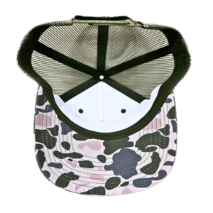 Wholesale Custom 3D Embroidered Foam Trucker Hat Pink <b>Camo</b> Olive Green Mesh 5 Panel Mid Profile Flat Brim High Quality <b>Cap</b> - Product Image 4