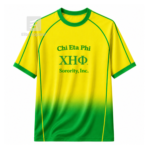 เสื้อฟุตบอลชมรมนักเรียนหญิงชื่อ Custom Chi Eta Phi แขนสั้น โลโก้ด้านหน้า สีเขียวและเหลืองไล่เฉดสี ผ้าโพลีเอสเตอร์ระบายอากาศได้ดี - Product Image 1