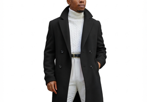Men's Long <b>Wool</b> Double Breasted Trench Coat Turn-down Collar Solid Color Overcoat Regular Fit White <b>Pants</b> Outfit - Product Image 3