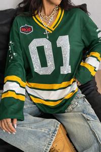 T-shirt ample à col en V personnalisé pour hommes et femmes, avec strass, style sportif, pour fans de hockey sur glace et de football américain - Product Image 2