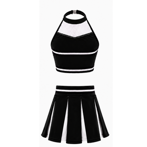 Ensemble d'uniformes de cheerleading noirs personnalisés : Jupe plissée, haut court, tenue de performance d'équipe, compétition de danse, vêtements de sport athlétiques - Product Image 2