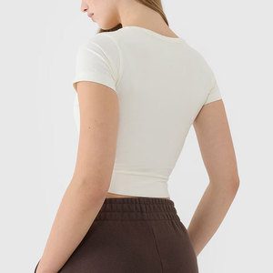 Athletic Gym Workout Tight Sports Crop Top Women's Yoga <b>Padded</b> Bottom Cut Ribbed Material Short Sleeve Crop Top T-<b>Shirt</b> - Product Image 2
