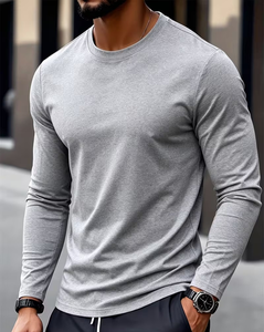 Men's Long Sleeve O-Neck T-Shirt Gray Regular Fit Casual Knitted Jersey Breathable Solid Color Regular Length Quick Dry 180g - Product Image 1