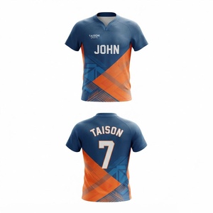 เสื้อรักบี้ชาย พรีเมียม โพลีเอสเตอร์ 100% 140 กรัม ระบายเหงื่อได้ดี ป้องกันรังสียูวี ระบายอากาศได้ดี สีน้ำเงินส้ม ลายพิมพ์ดิจิทัล  รับสกรีนโลโก้ - Product Image 1