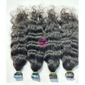 Indian Temple Curly Invisible <b>Tape</b>-in Hair Single Donor Cuticle Aligned 12A Quality Natural Color Remy <b>Machine</b> Double Weft - Product Image 2